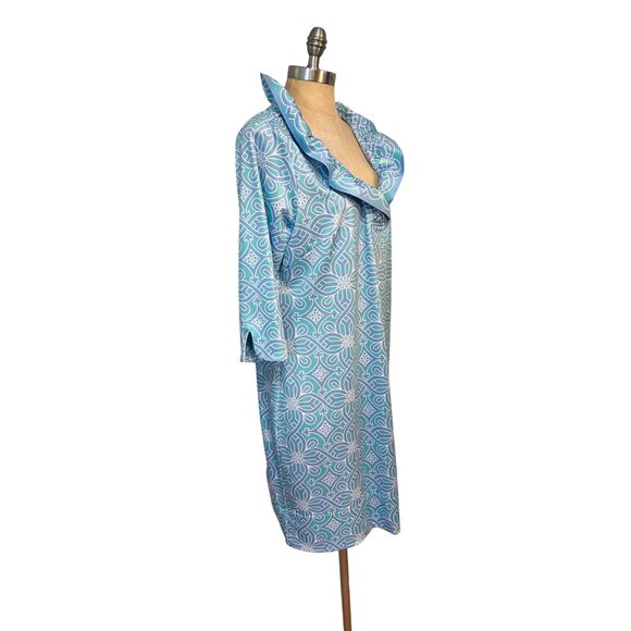 Gretchen Scott Jersey Ruffneck Dress XS Piazza Blue Print 3/4 Sleeve Large XL - Picture 2 of 5